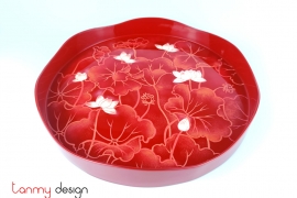 Red round lacquer tray hand-painted with lotus pond 33 cm